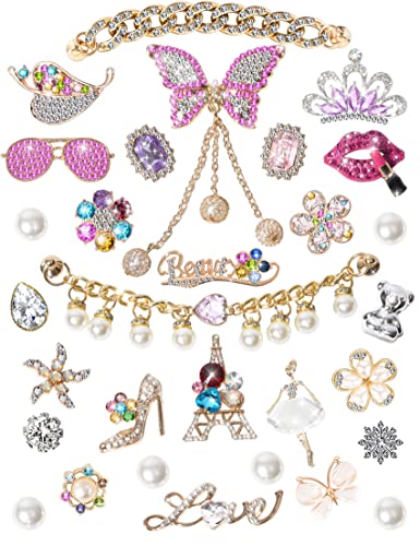 30 PCS Bling Shoe Charms, Designer Shoe Charms and Shoe Chain Luxury Rhinestone Jewelry Shoe Decoration for Clog Sandals Accessories for Girls Women Adults Gifts(Pink)