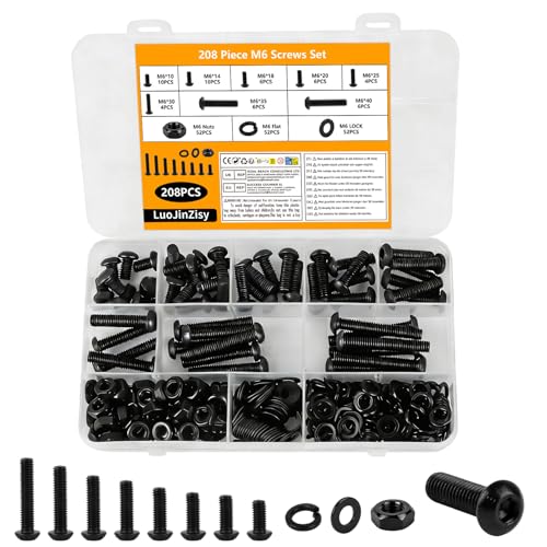208 Pcs M6 Screws Set Machine Screws Assorted Nuts and Bolts Assortment Black Round Head Hex Socket Head Cap Bolts and Nuts Set with Washers Assortment for Home Car Repair DIY