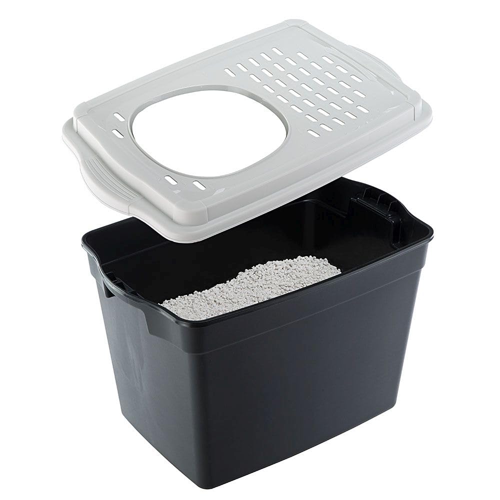 Ferplast Arenero Gatos Cubierto, Arenero Gato, con Entrada Superior, Tapa Perforada, 38,8 x 57,5 x h 39 cm, Caja de Arena para Gatos Grande Jumpy, Negro