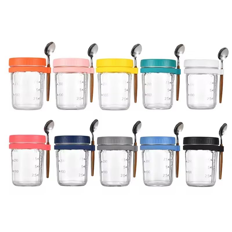 Image of Mason Jar with Lid and Spoon | Coco | Mason Jar with Plastic Lid Mugs for Juice | Beverages | Moctail | Shakes | Drinks | Overnight Oats Mug (Rendom Color 350 ML, Set of 1)