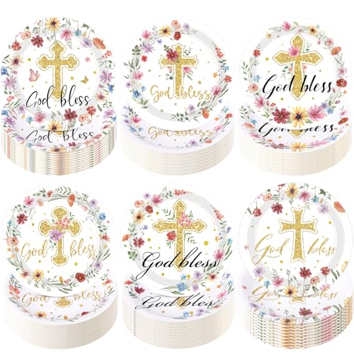 Image of Funnymoom 60 Pcs Baptism Plates Baptism Party Supplies 7 Inch God Bless Floral Paper Plates Decoration for Girls Disposable Flower Party Decoration for Mi Bautizo Christening Confirmation Baby Shower