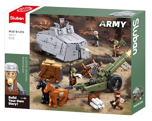 Sluban Historisches Militär-Bauset Panzer 19 2 cm und Artilleriegeschütz 17 4 cm mit Minifiguren und Zubehör M38-B1295 Orange Lila Weiß Gold