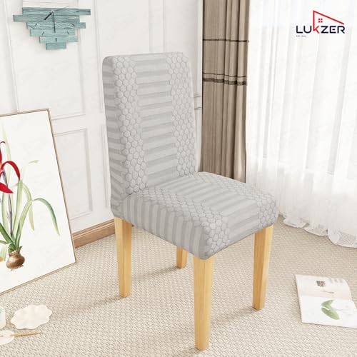Image of Lukzer Elastic Dining Chair Cover - 1PC Pastel Light Grey Dotted Stripe | Textured High Stretch Jacquard Seat Cover | Removable Washable Short Dining Chair Cover Protector Seat Slipcover | (CC-067-01)