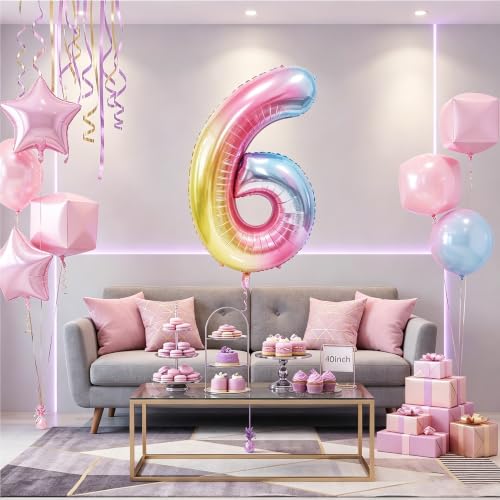 Image of Rainbow Number Balloons Birthday Balloons - Giant Number 6 Balloon 40 inch, Numbers Balloon Birthday Decorations, Rainbow Party Supplies for Baby Shower