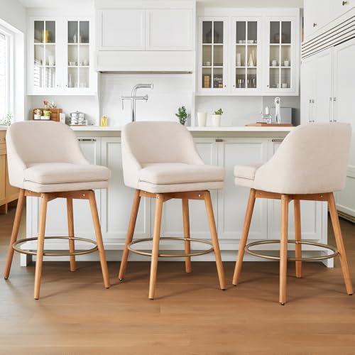 Image of kinmars Modern Bar Stools Set of 2,Swivel Counter Height Bar Stools with Soft Upholstered Back,Thick Seat,Wooden Legs, 27 inch Counter Stools for Kitchen Island (Sand, 3 Pieces - 27 inch Counter Height)