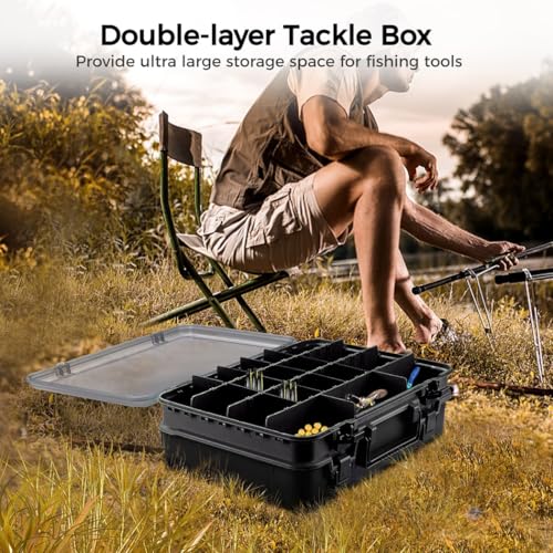 Double-Layer Adjustable Fishing Tackle Box, 14.2”X9.8”X4.7” Large Storage Organizer for Fishing Gear