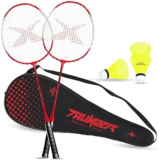 JASPO Thunder Badminton Kit,Badminton Set of Metal Alloy Rackets (Set of 2) with Full Cover Bag, 3 pcs Plastic Shuttlecocks, Ideal only for Recreational Play, Designed for Kids & Youngsters (Red)