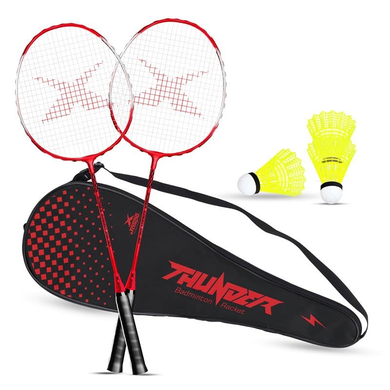 JASPO Thunder Badminton Kit,Badminton Set of Metal Alloy Rackets (Set of 2) with Full Cover Bag, 5 pcs Plastic Shuttlecocks, Ideal only for Recreational Play, Designed for Kids & Youngsters (Red)-image-23
