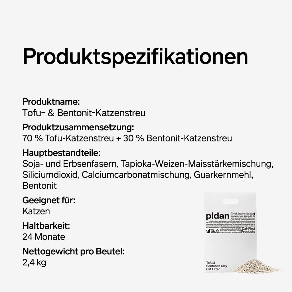 pidan Tofu Katzenstreu mit Bentonit 9,6 kg (4 Beutel) | Klumpstreu mit 70 % pflanzlichen Rohstoffen, staubarm, starke Geruchsbindung, geringe Streuverschleppung
