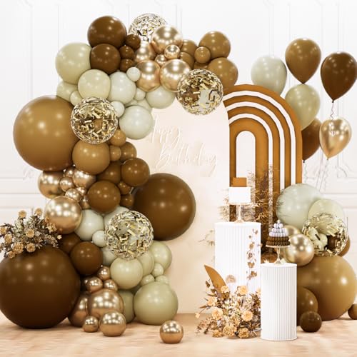 Image of PartyWoo Brown Balloon Arch Kit Garland 142pcs Different Sizes of 18 12 10 5 Inch Dark Brown White Sand Beige Neutral Boho Fall Gold Confetti Balloons for Baby Shower Birthday Safari Party Decorations