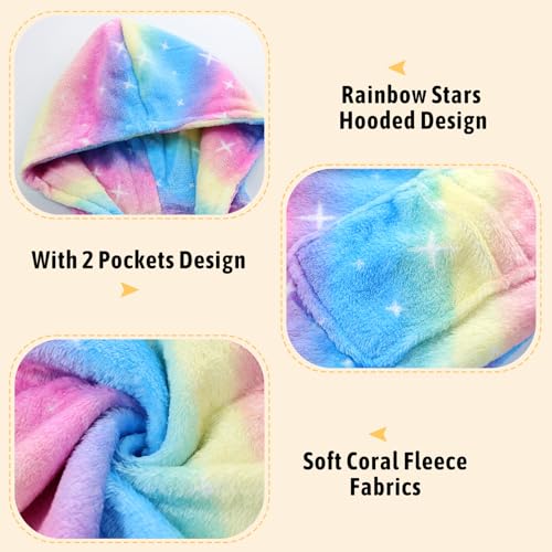 ACTLATI Girls Fleece Hooded Robe, Plush Rainbow Star Unicorn Leopard Bathrobe With Pockets for Age 3-12 Kids Christmas Gifts3
