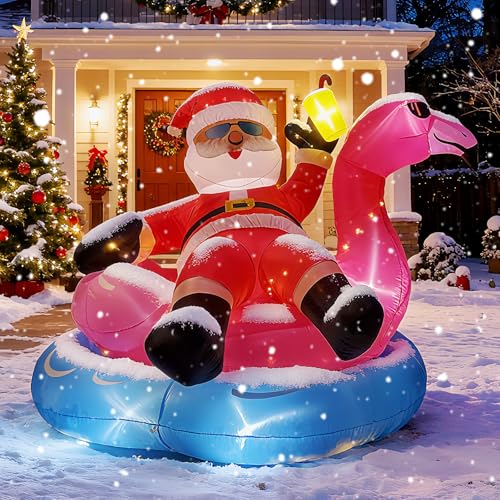 6.5FT Christmas Inflatables Outdoor Decoration Inflatable Christmas Blow Up Featuring Santa on Flamingo Pool Float with LED Lights for Inflables De Navidad Yard Party Outdoor Indoor Dcor