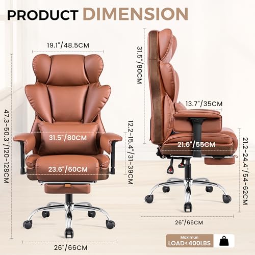 Big and Tall Office Chair - 400 LBS Capacity Executive Chair with High Back & Footrest, Ergonomic Office Chair for Heavy People, Wide Padded Seat Computer Gaming Chair, Brown