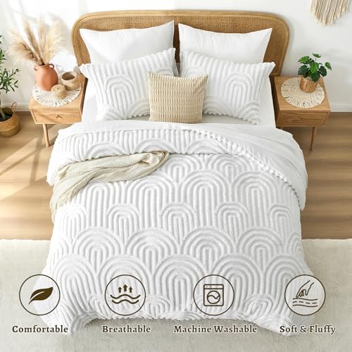 Image of Nesker Boho Tufted Full Comforter Set, 7 Pcs White Bedding Sets, Cozy Chic Soft Bed in a Bag, Arch Pattern Shabby Bed Set All Season with Comforter, Fitted Sheet, Flat Sheet & Pillowcases