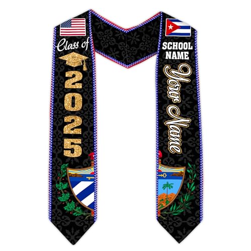 MonkeyVan Custom Cuba Graduation Sash 2025, Personalized Cuban American Flag Graduation Stole, Custom Cuba Graduation Stole S130