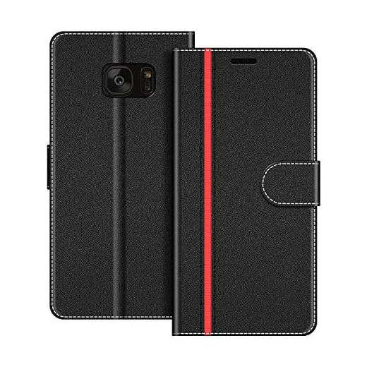 COODIO Funda Samsung Galaxy S7 Edge con Tapa, Funda Movil Samsung S7 Edge, Funda Libro Galaxy S7 Edge Carcasa Magnético Funda para Samsung Galaxy S7 Edge, Negro/Rojo
