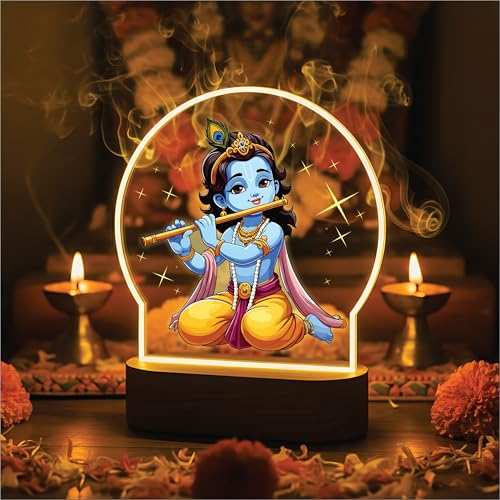 Image of Giftplease Sitting Bal Krishna Flute LED Lamp - Vibrant Printed Night Light with Warm Glow - Divine Murali Manohar Decor for Home Mandir, Kids Room & Gifting GL 08