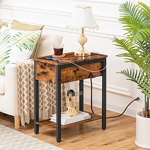 HOOBRO Side Table with Charging Station, Narrow Nightstand with Drawer