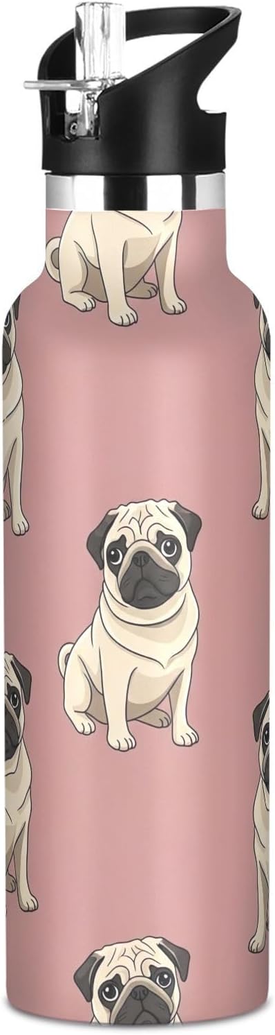 Kids Water Bottle with Straw 20 Oz, Kids Stainless Steel Vacuum Insulated Water Bottle for Travel or School, BPA-Free, Beige Pugs Pink