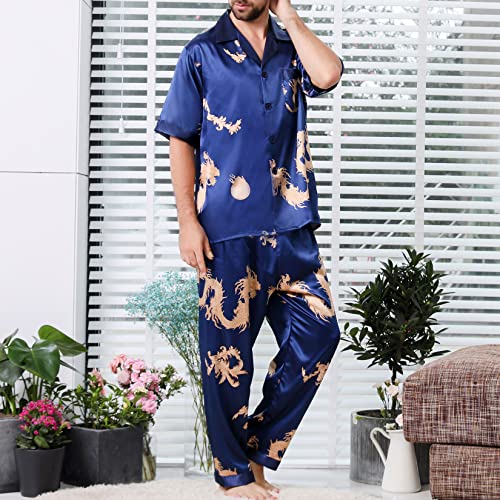 Lu's Chic Men's Satin Pajama Set 2 Piece Dragon Patterned Short Sleeve Button Down Loungewear2
