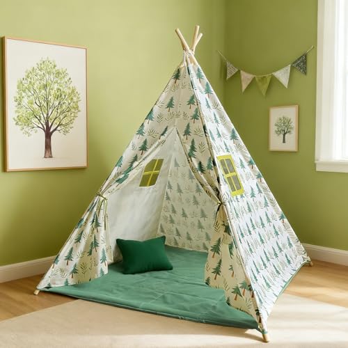 Image of Forest Teepee Tent for Kids Indoor & Outdoor Play Tent Playhouse with Mat&Light, Peach-Skin Fabric, Solid Pine Poles, Nature-Inspired Hideaway Toddler Tents for Boys & Girls,Kids Room Decor Sleepover