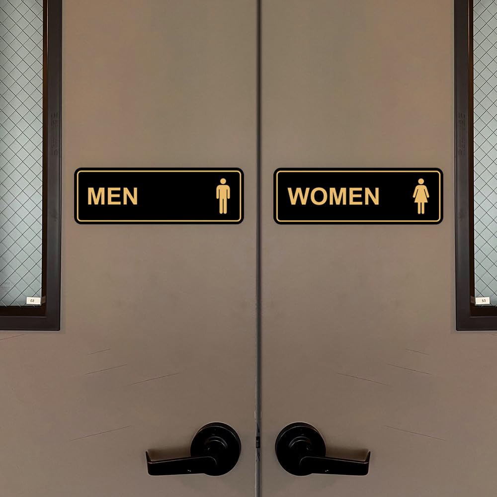 Letrero estándar para baño para hombres y mujeres (juego de 2) – Oro cepillado – Tamaño mediano, paquete de 5 (10 piezas)