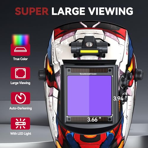 Image of ARCCAPTAIN Large View 3.94 inch x 3.66 inch True Color Auto Darkening Welding Helmet with Light, Solar Powered Welding Hood, 4 Arc Sensor Wide Shade 4 /5-9 /9-13 for Stick MIG TIG Cut,MF
