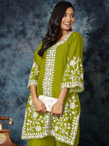 Image of EthnicJunction Women's Cotton Blend Chikankari Embroidered A-Line Kurta Palazzo Set Ethnic Wear Office Wear Daily Wear Festive Kurta Set for Women