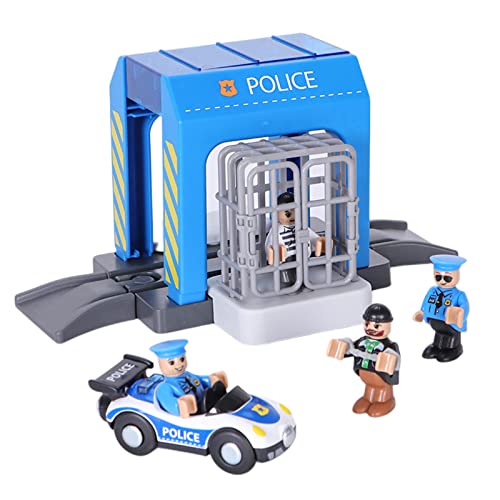 HANQIANN Police Station Playset Toy,Building City Police Scenes Train Set Compatible with All Wooden Train Tracks,Educational Train Accessory Toys for Boys and Kids (Assembly Required)
