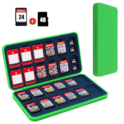 Image of FYY Nintendo Switch Game Case Holder for Switch 2 Cartridge Case with 24 Game Card Slots & 48 Micro SD Card Slots, Hard Shell, Silicone Lining Green Navy