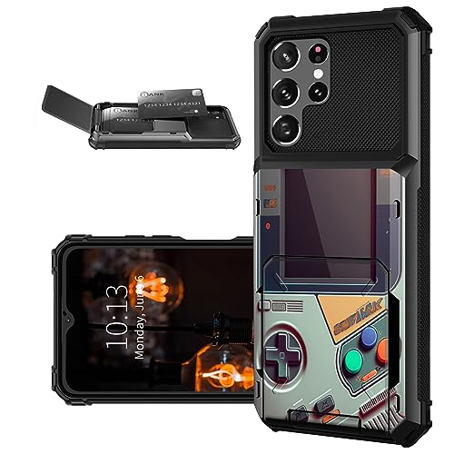for Samsung Galaxy S22 Ultra Wallet Case 5-Card Flip Cover Credit Card Holder Dual Layer Heavy Duty Shockproof TPU Protective Case for Samsung S22 Ultra, Retro Game Console Print