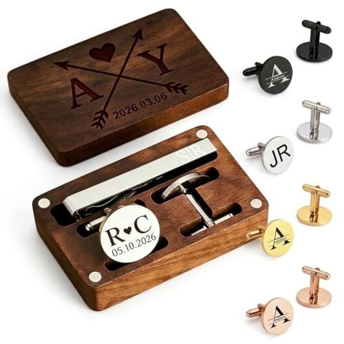 Mancuernillas personalizadas inicial para hombre con caja grabada