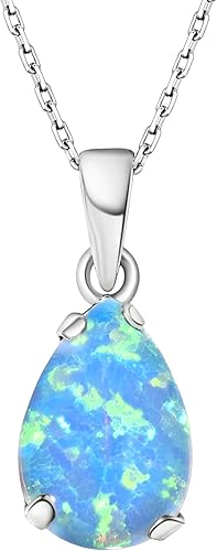 925 Sterling Silver Blue Opal Necklace - Dainty Teardrop Pendant, 7x10mm October Birthstone Opal Gemstone - Handmade Bridal Wedding Jewelry for