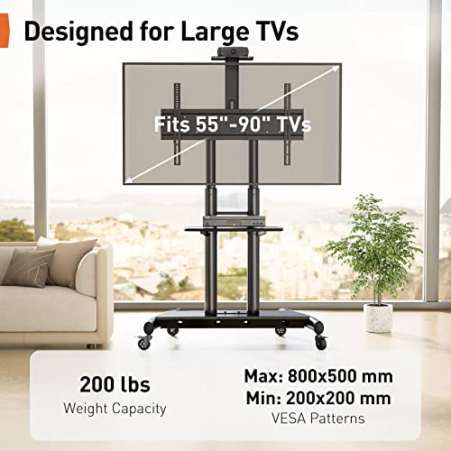 Perlegear Mobile Tv Stand, Rolling Tv Cart For 55-90 Inch Flat/Curved Tvs Up To 200 Lbs, Adjustable Rolling Tv Stand With Camera Shelf, Floor Tv Stand On Wheels, Max Vesa 800X500Mm, Pgtvmc07 #TOP2