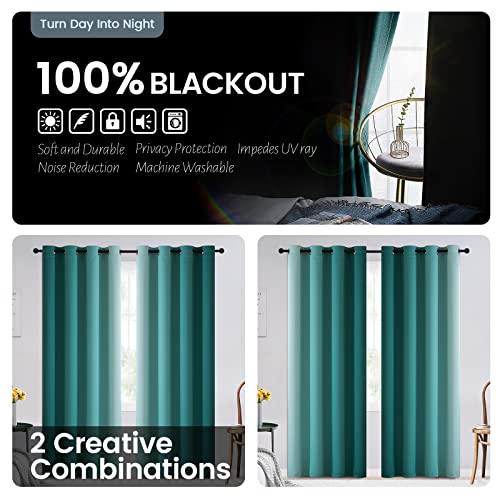 Image of SimpleHome 100% Blackout Ombre Bedroom Curtains Teal and Greyish White,84L | Room Darkening Curtains,Thermal Insulated Grommet Window Drapes and Curtains for Living Room,2 Panels, 52x84 inches Length
