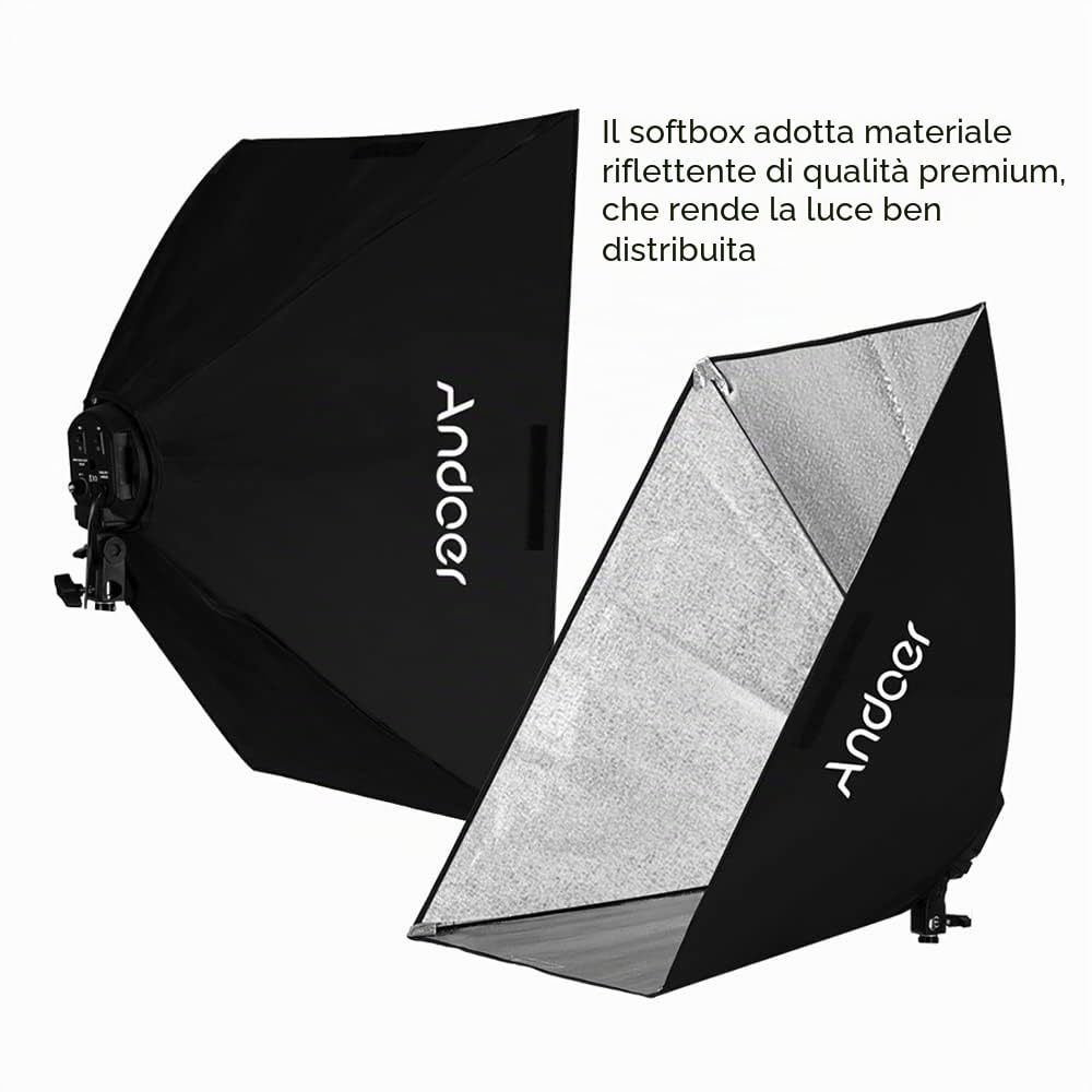 Andoer Set illuminazione softbox 2 x 50x70 cm, 2 x 4 in 1, 2 trépiedi luce 2 m, borsa trasporto per studio ritratto, fotografia prodotto, foto moda, YouTube