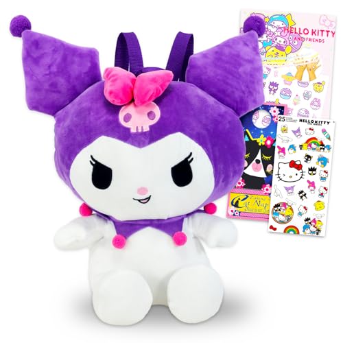 Kuromi Plushie Backpack Set - Bundle with 14' Kuromi Plush Doll with Carrying Straps Plus Stickers, Tattoos, More | Sanrio Gifts for Girls, Kids