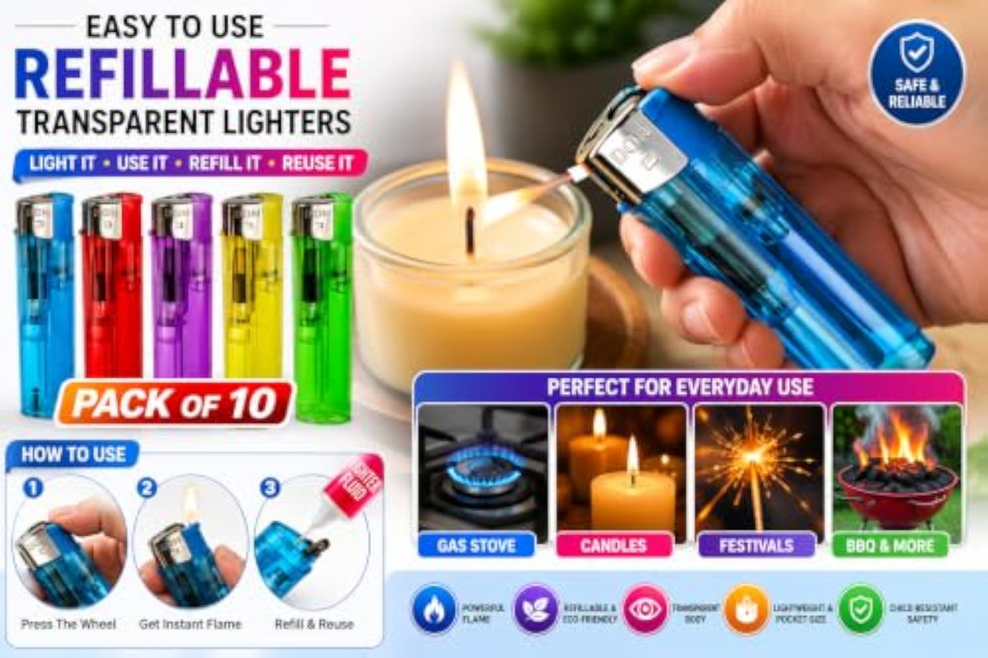 Disposable Pocket Lighter Pack of 10, Multicolor