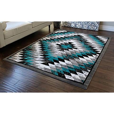 Masada Rugs, Stephanie Collection Area Rug Southwest Native American Distressed Design 1106 Turquoise Grey White Black (4 Feet X 5 Feet) Cover