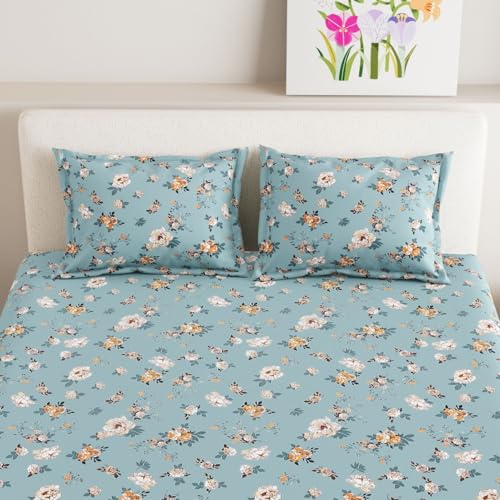 Dream Weaverz Super King Size Double Flat Bedsheet with 2 Pillow Covers | 220 Thread Count 100% Cotton Printed Bedsheet | Wrinklefree | 275 X 275 CMs, For Mattress Size Upto 10 Inches (Turquoise Blue)