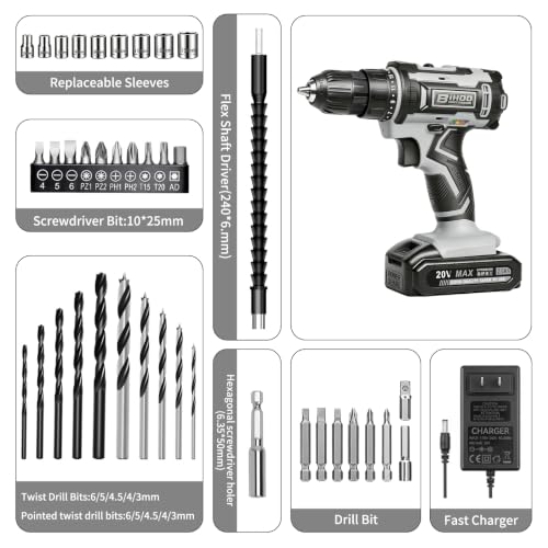 Image of Cordless Drill Set,20V Drill Driver with Battery and Charger,3 /8-Inch Keyless Chuck, Variable Speed,with Drills Bits Set,Gray