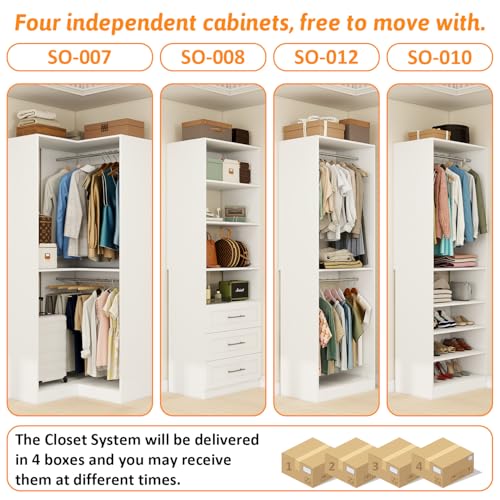 Closet Organizer System of 4 Sets with 3 Drawers, 9 Hanging Rods & 8 Shelves, 157" Walk in Closet System, Corner Closet Organizer, Modular Standalone Closet, White - Image 5
