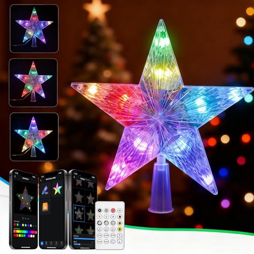 Christmas Tree Topper with Lights, Smart App Remote Control Lighted Topper Star, LED Color Changing Tree Star Sync with Music, Dimmable, Timer, USB Topper for Xmas Party Gift Décor