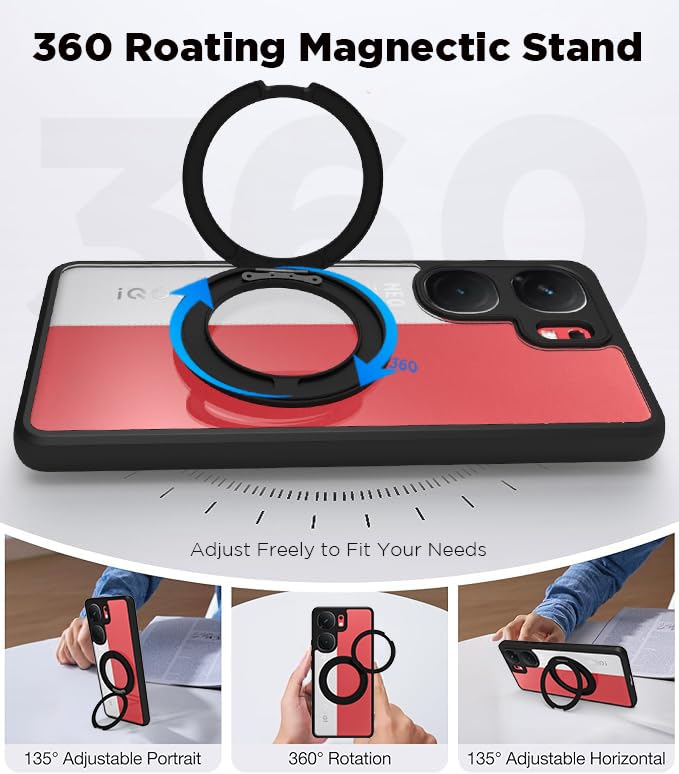 Image of RIGGEAR Shockproof Sleek Hybrid Armor 360 Rotating Magnetic Ring Stand Back Cover Case Compatible with MagSafe Accessories for iQOO Neo 9 Pro 5G (Clear PC + Black TPU Bumper)