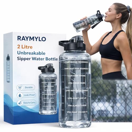 Image of (1Pc) 2 Litre Unbreakable Sipper Water Bottle With Strap, Leakproof, BPA-Free & Durable Tritan, Water Bottle for Adults, Gym, Kids, School, Gifts & Office, Motivational Time Marker, 2Ltr Sipper Bottle