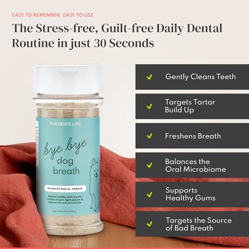 Dog Dental Powder – Vet Formulated - Cleans Teeth, Freshens Breath, Fights Plaque and Tartar – Natural Ingredients - 19 Active Ingredients - Oral Dog Probiotic - No Brushing - Made in USA