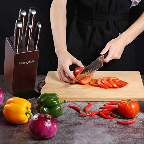 Kitchen Knife Set 7 Pieces with Oak Wooden Block and Ergonomic Pakkawood Handle, homgeek High Carbon 1.4116 Stainless Steel Professional Sharp Chef Knife Block Set Forged, Full-Tang Design