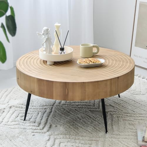 Zouron Couchtisch Rund Holz - Industrial Style Holz Beistelltisch Rund Vintage Wohnzimmertisch Braun 77x77cm groß Coffee Table aus Kiefer 36.5cm Hoch mit Schwarz Metallgestell Tisch