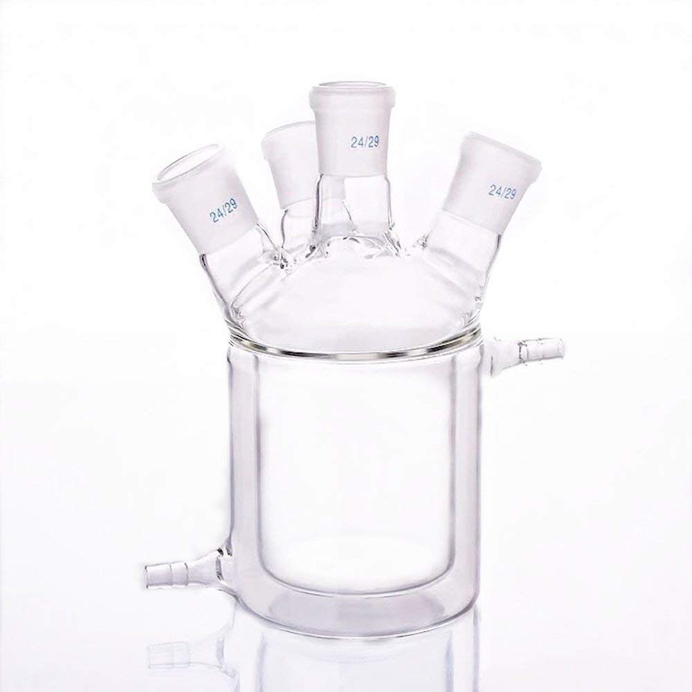 Four Necks Glass Jacketed Flask Reactor Vessel Double Layer Flask Beaker Round Bottom (24/24/24/24 Joint) (500ml)
