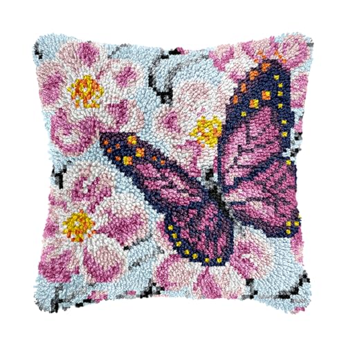 Image of bositigo Butterfly Latch Hook Pillow Cover Kit, Pre-Printed Canvas, DIY Craft for Adults Kids Beginners, 17x17 Inch Flower Cushion Case for Sofa, Bedroom Decor (Purple Butterfly)